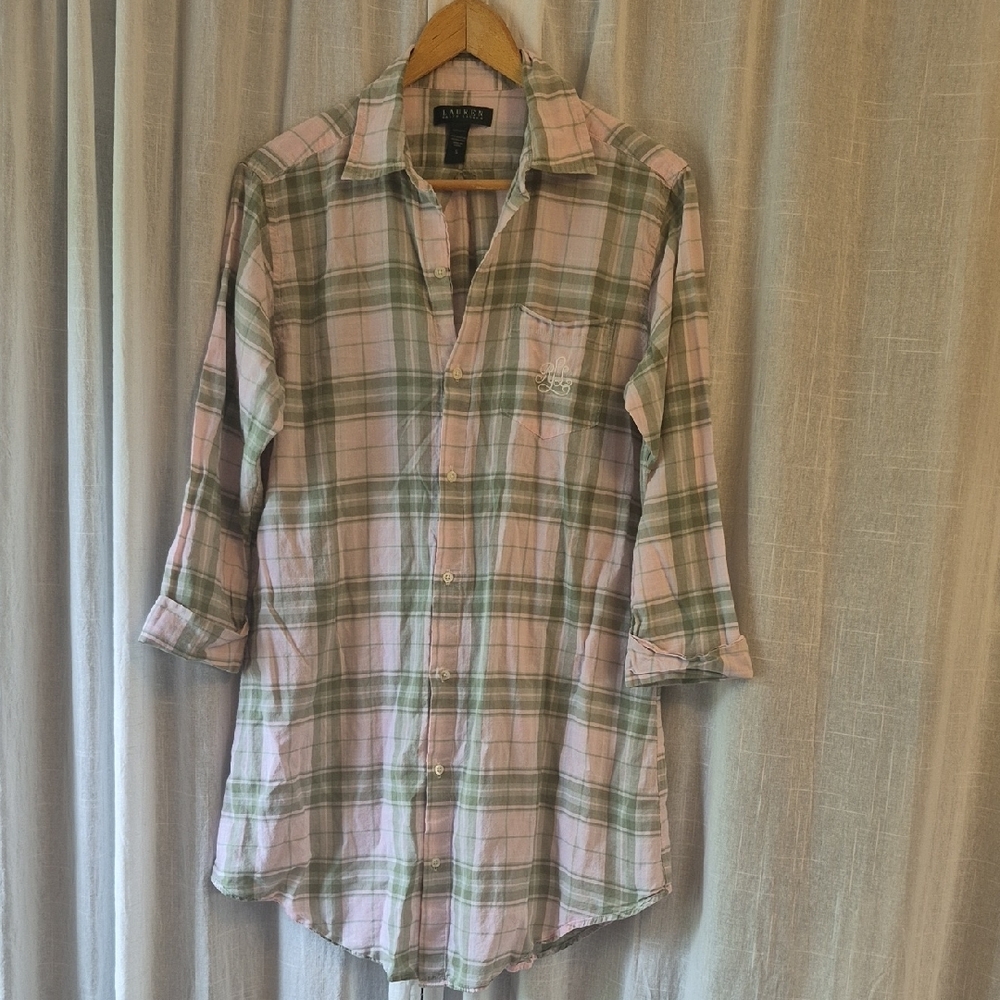 LAUREN RALPH LAUREN Womens Green Pink Plaid Shirt 100% Cotton